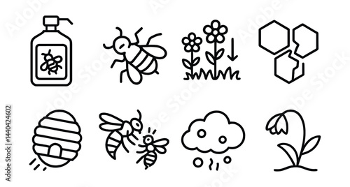 Beekeeping and nature icons set – honey, bee, flower, hive, pollen