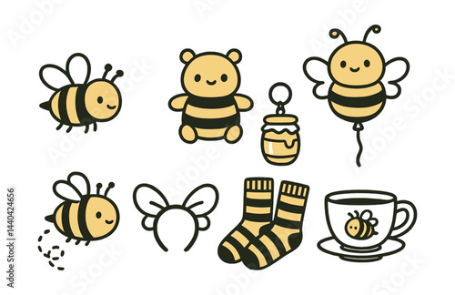 Cute bee-themed icons set – bees, bear, honey, balloon, headband, socks, teacup