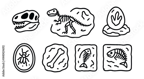 Paleontology icons set – skull, skeleton, egg, fossil, dinosaur, imprint, bone, fish, spider