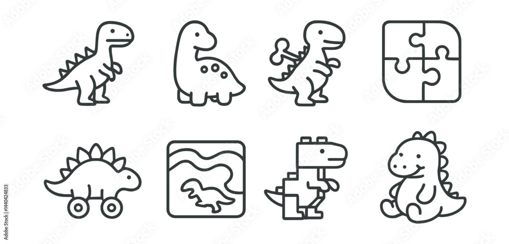 Fototapeta premium Cute dinosaur icons set – cartoon, puzzle, wheels, toy, baby, line art