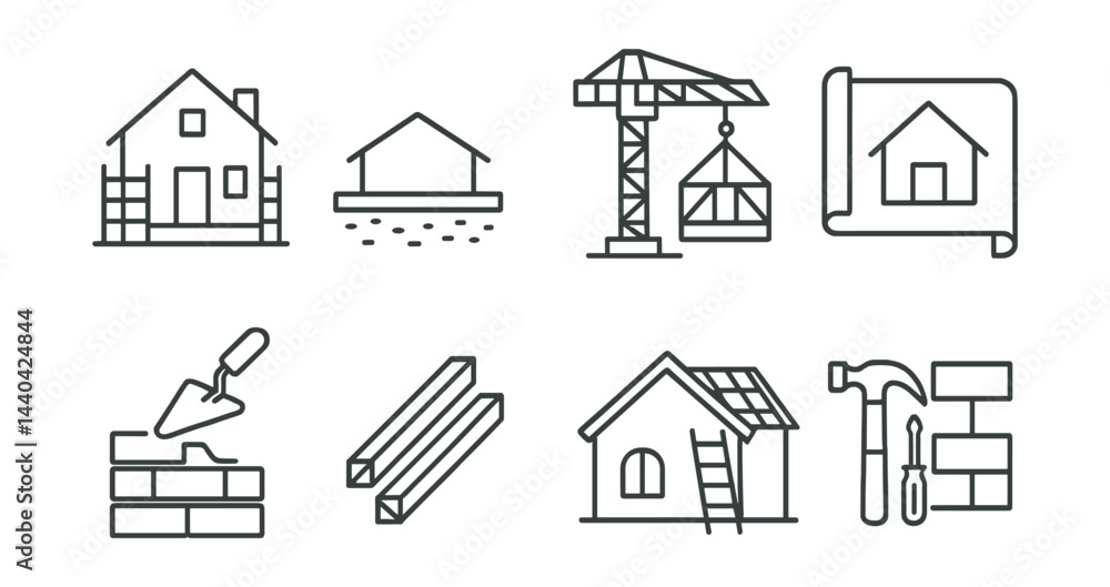 Fototapeta premium Construction elements icons set – house, blueprint, crane, bricks, tools, hammer, scaffold