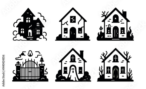 Haunted house icons set – scary, spooky, ghost, haunted, creepy, gloomy, abandoned, halloween, mansion, eerie