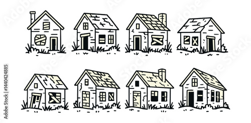 Deteriorated house icons set – abandoned, vintage, shabby, rustic, aged, old, weathered