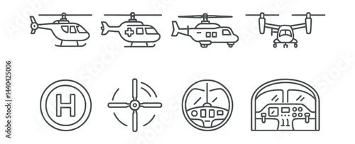 Helicopter and aviation icons set – medical, military, v-22 osprey, landing pad, propeller