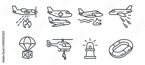 Emergency response icons set – airplane, helicopter, water, rescue, fire, aid, life, parachute, beacon, package