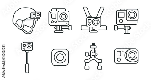 Action camera icons set – helmet, mount, selfie stick, stabilizer, adventure, recording