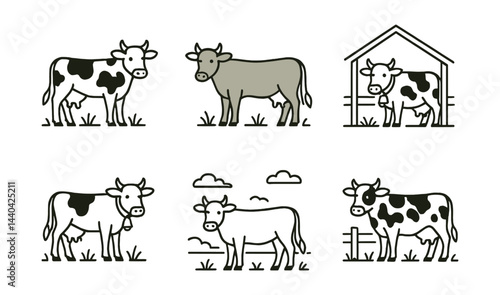 Farm animal icon set – cows, barn, pasture, grazing, livestock, dairy, agriculture, ranch
