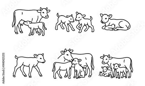 Farm animal family icons set – cows, calves, walking, standing, lying, mothers, young, cattle, barnyard, pasture