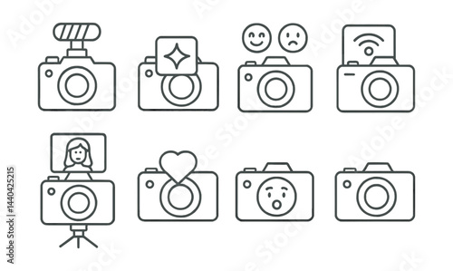 Photography theme icons set – cameras, emotions, filters, wi-fi, portraits, hearts, expressions