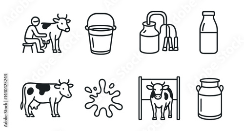 Dairy production icons set – milking, bucket, bottle, splash, equipment, farm