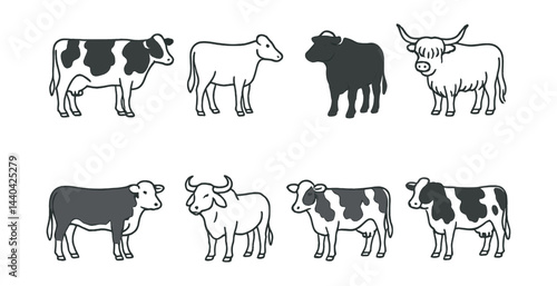 Farm animal icons set – cows, cattle, livestock, dairy, beef, agriculture, animals