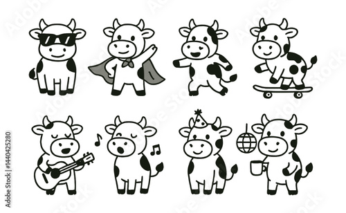 Playful cow icons set - superhero, musician, skateboarding, party