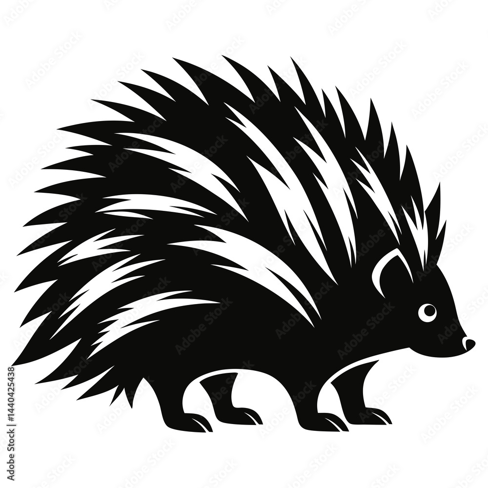 Porcupine silhouette with sharp quills, black and white illustration of a spiky animal Porcupine silhouette with sharp quills, black and white illustration of a spiky animal