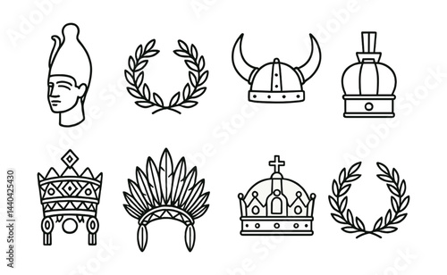 Historical headgear icons set – pharaoh, wreath, viking, crown, headdress, laurel