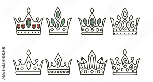 Royal crown icons set – gold, jewels, gems, tiara, monarch, royalty, ornament, design, regal, gemstone