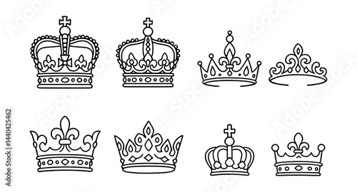 Royalty crown icons set – king, queen, tiara, monarch, royal, jewelry, crown