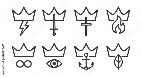 Crown icon set – lightning, sword, cross, fire, infinity, eye, anchor, leaf