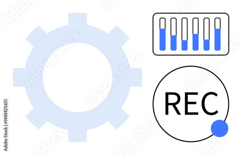 Gear shape, mixer panel with levels, and recording button. Ideal for audio control, recording studio, system settings, data management, productivity, workflow simple landing page