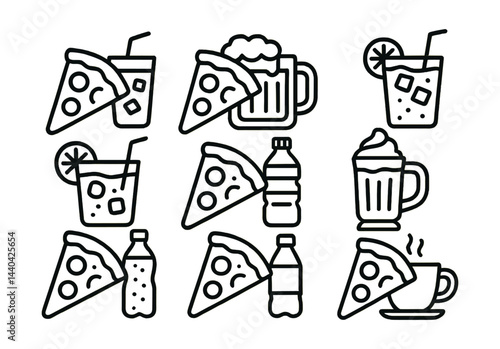 Pizza and drink icons set – slice, beverage, mug, soda, juice, water bottle, coffee cup