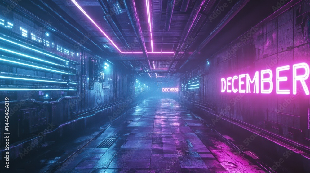 Neon lit hallway with the month of December displayed prominently Neon lit hallway with the month of December displayed prominently