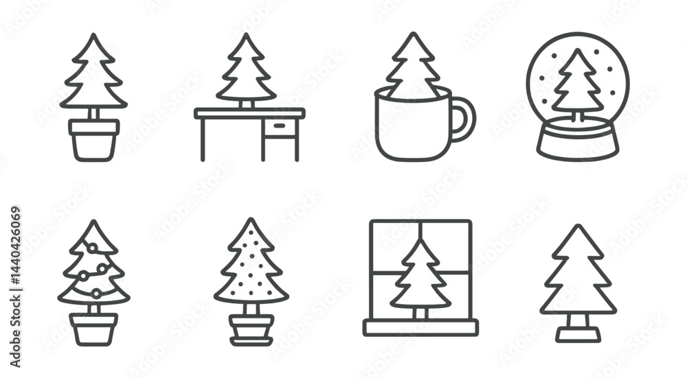 Christmas tree icon set – potted, desk, mug, snowglobe, window, festive Christmas tree icon set – potted, desk, mug, snowglobe, window, festive