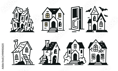 Haunted house icons set – spooky, abandoned, eerie, bats, doors, creepy, ghostly, mysterious, halloween