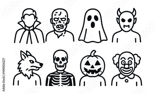 Halloween character icons set – vampire, zombie, ghost, devil, werewolf, skeleton, pumpkin, clown