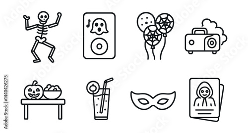 Halloween celebration icons set – skeleton, ghost, balloons, pumpkins, juice, mask, party