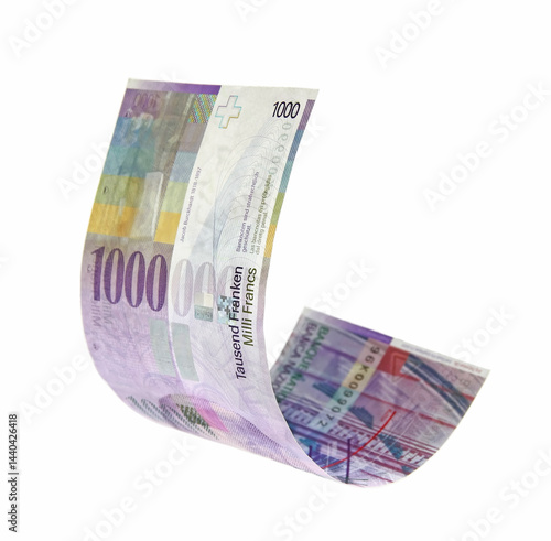 Flying Swiss money - the new issue of thousend francs note, isolated with clipping path