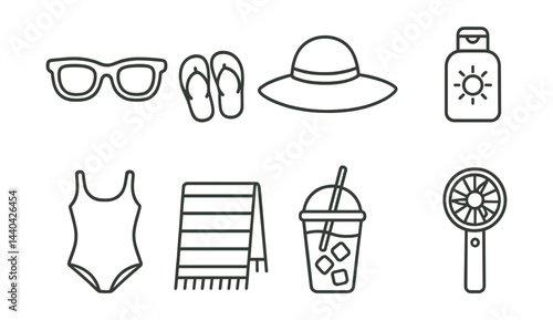 Summer essentials icons set – sunglasses, flip-flops, sun hat, sunscreen, swimsuit, towel, drink, fan