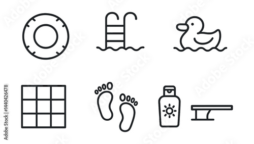 Poolside essentials icons set – lifebuoy, ladder, duck, tiles, footprints, sunscreen, diving board