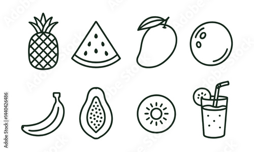 Tropical fruit icons set – pineapple, watermelon, mango, coconut, banana, papaya, kiwi, juice