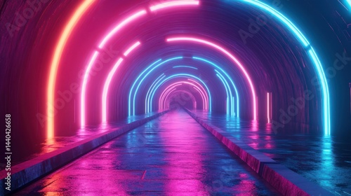 A brightly illuminated tunnel showing a futuristic and neon aesthetic