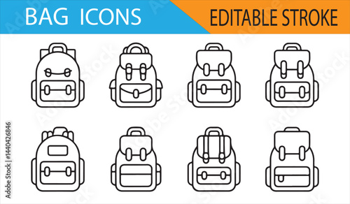 Collection of Black and White Backpack Icons for Educational and Travel Use