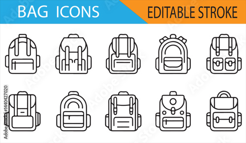 Vector Icons of Backpacks and Bags for School, Hiking, and Outdoor Projects