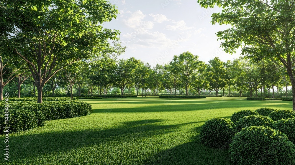Fototapeta premium Open park landscape with wide green lawns, bushes, and sparse trees on white background.