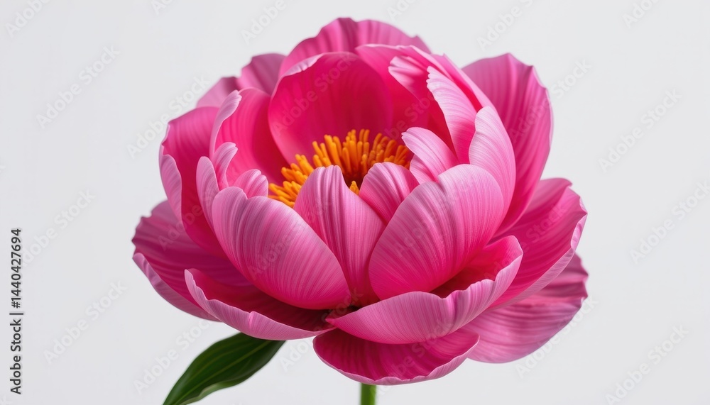 Obraz premium Create a high quality isolate image of a single vibrant pink peony flower fully bloomed, centered against a pure white background (RGB 255, 255, 255)