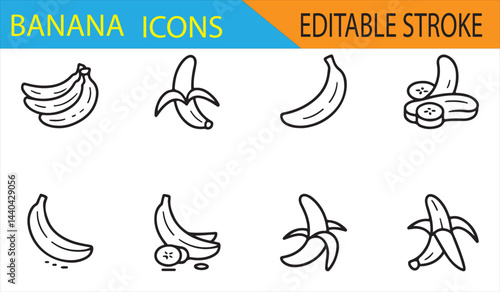 Simple Line Art Icons of Bananas for Nutrition, Health, and Food Use
