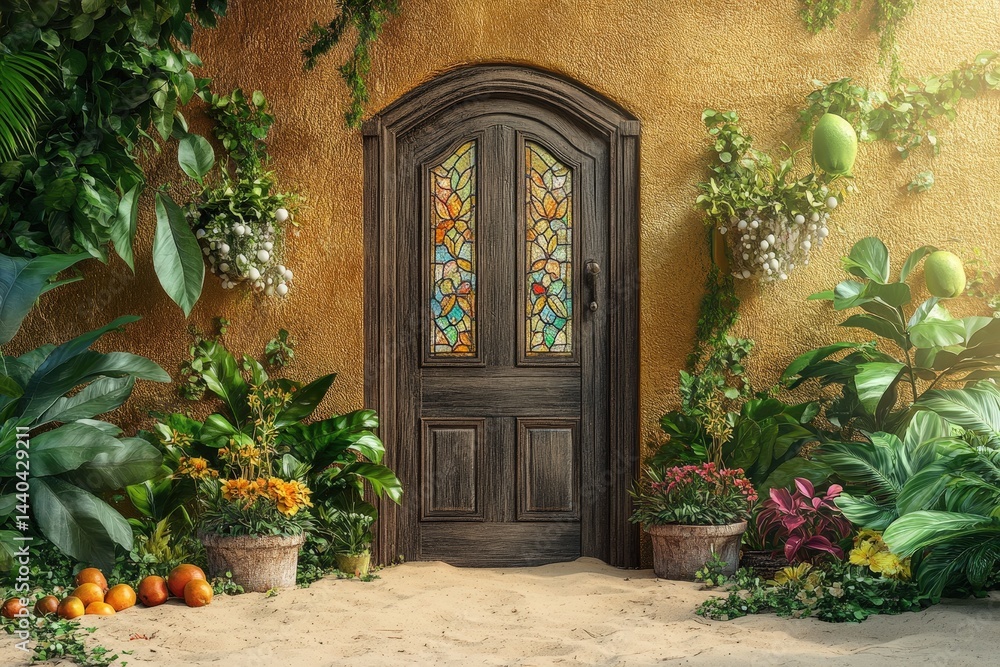 Fototapeta premium Warm, decorative door with vibrant stained glass.