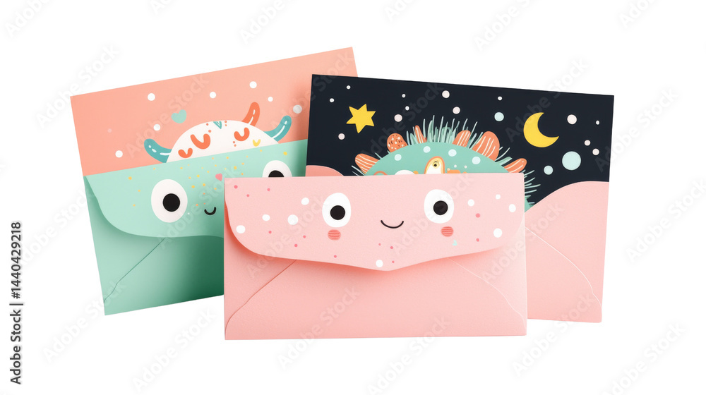 Illustrated Cute Envelopes Featuring Playful Monsters and Celestial Designs in Pastel Colors Illustrated Cute Envelopes Featuring Playful Monsters and Celestial Designs in Pastel Colors