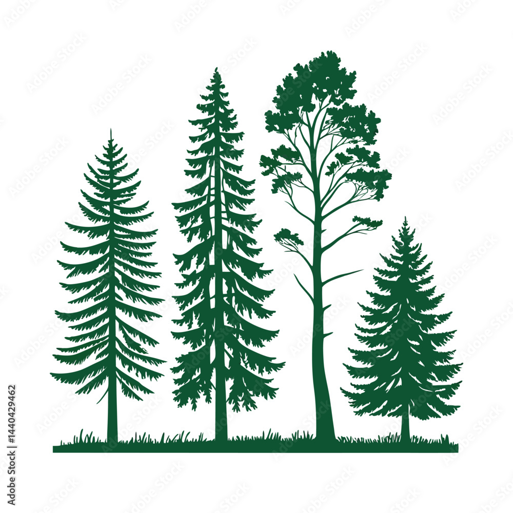 Obraz premium A set of stylized evergreen tree silhouettes, each with a unique shape and outline, arranged in two rows of five trees. The trees are solid green with no outlines or details, on a white background.