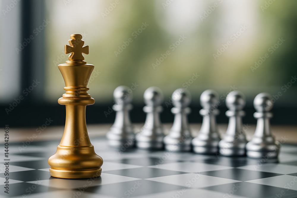 Chessboard Strategy: A golden king piece commands a line of silver pawns on a classic chessboard, embodying leadership and strategic thinking with a hint of elegant simplicity. Chessboard Strategy: A golden king piece commands a line of silver pawns on a classic chessboard, embodying leadership and strategic thinking with a hint of elegant simplicity.