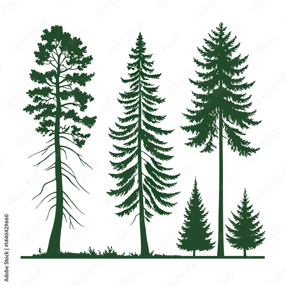 Obraz premium A set of stylized evergreen tree silhouettes, each with a unique shape and outline, arranged in two rows of five trees. The trees are solid green with no outlines or details, on a white background.