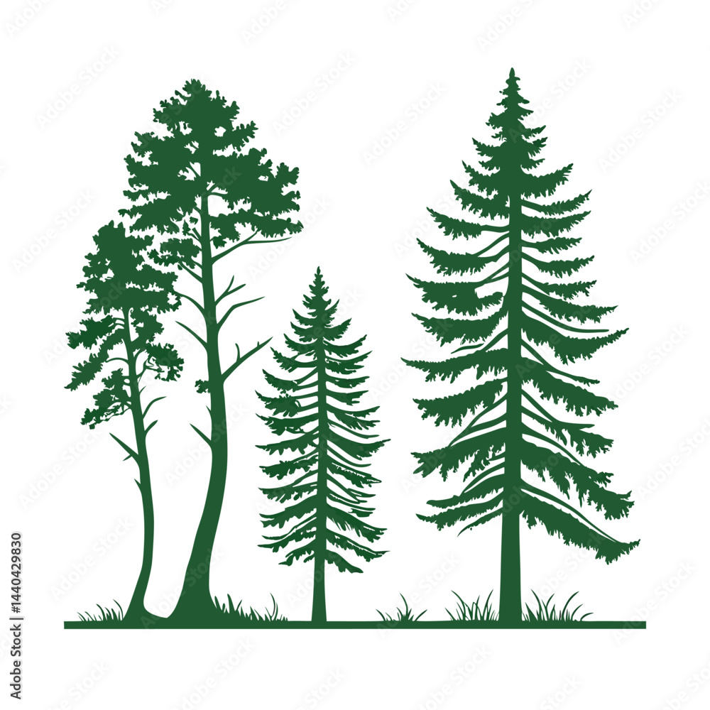 Obraz premium A set of stylized evergreen tree silhouettes, each with a unique shape and outline, arranged in two rows of five trees. The trees are solid green with no outlines or details, on a white background.