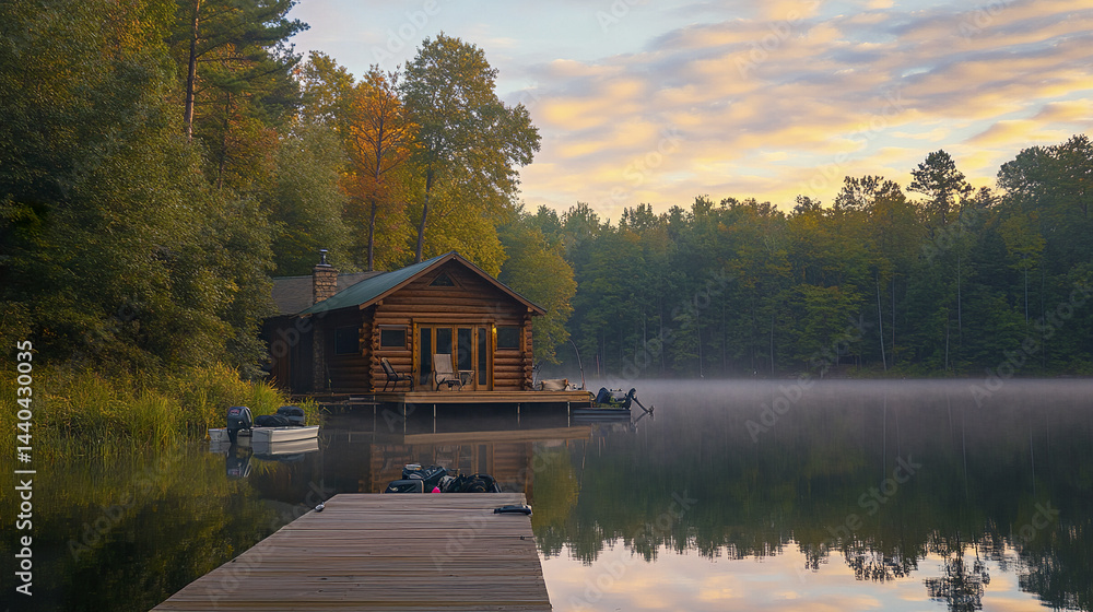Obraz premium serene lakeside cabin surrounded by trees, perfect for relaxation and fishing