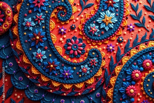 Bold paisley print on textured wallpaper, vibrant color palette , art print, design element