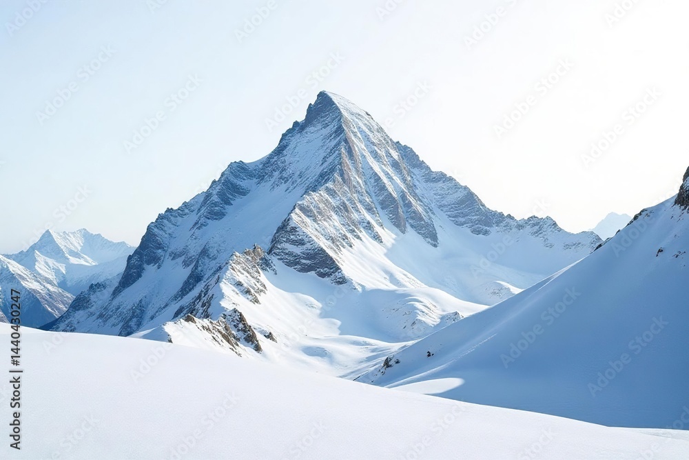 Snow-covered mountain peak against brilliant white sky, white mountain, nature, bright Snow-covered mountain peak against brilliant white sky, white mountain, nature, bright
