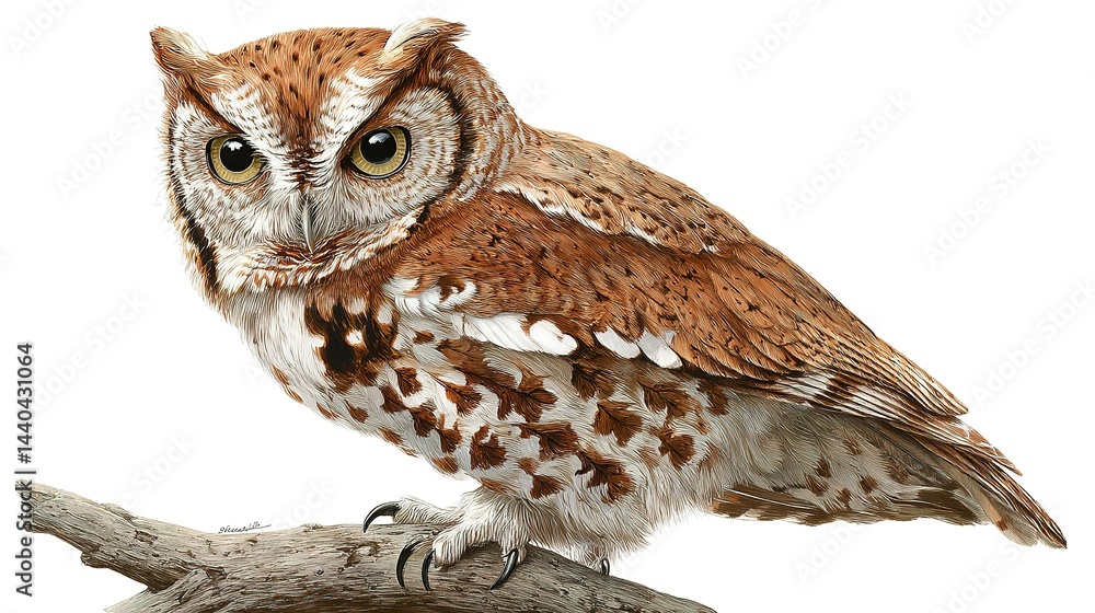 Fototapeta premium Detailed illustration of a barred owl perched on a branch.