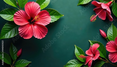Bold hibiscus blooms & lush foliage, tropical vibe, print, pink