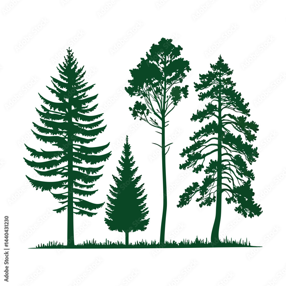 Obraz premium A set of stylized evergreen tree silhouettes, each with a unique shape and outline, arranged in two rows of five trees. The trees are solid green with no outlines or details, on a white background.